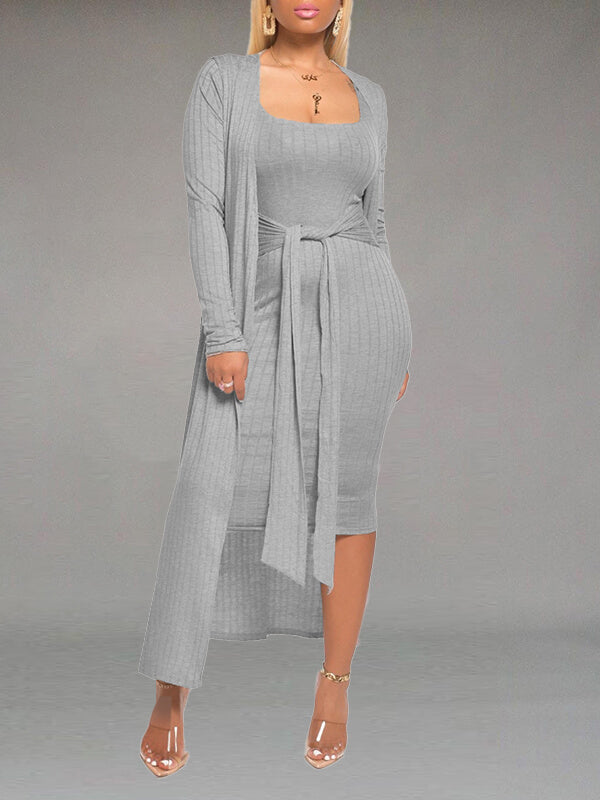 Einfarbiges Set mit gebundenem Kleid und Cardigan – Ausverkauf