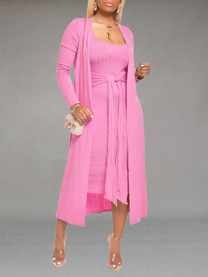 Solid Tied Dress & Cardigan Set--Clearance