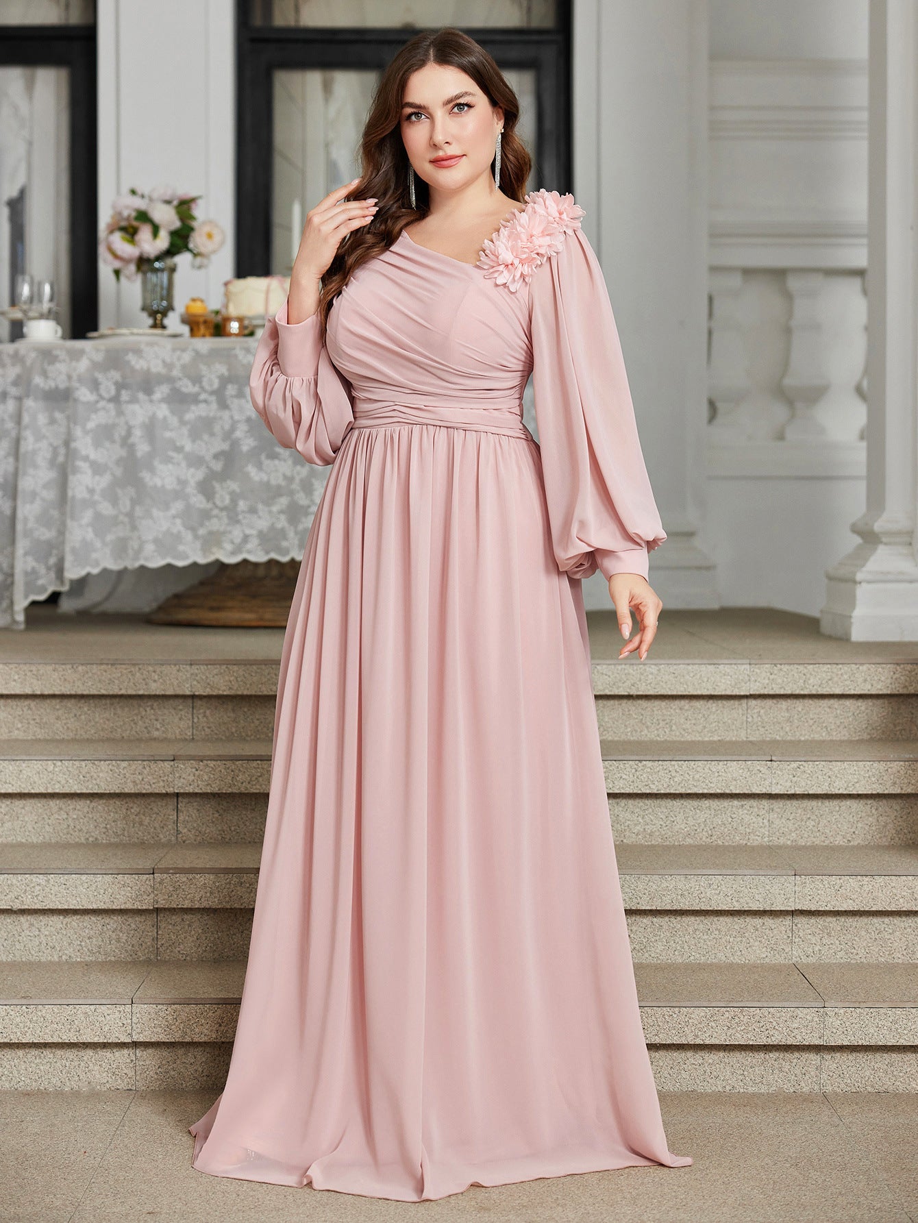 Plus Size Slash Shoulder Applique Lantern Sleeve Long Dress for Bridesmaids & Formal Events
