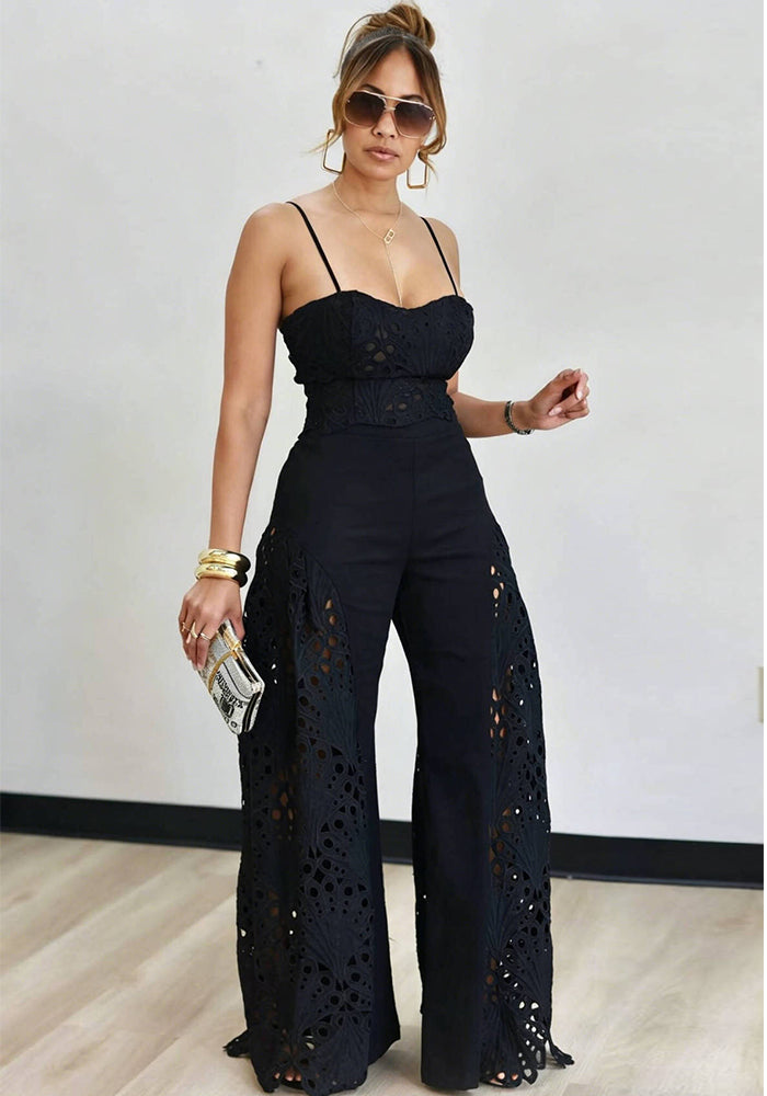 Black Lace Hollow-Out Embroidered Camisole Top & Wide-Leg Pants Set