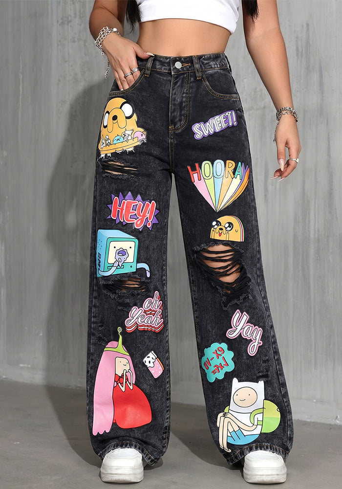 High Waist Washed Printed Ripped Wide Leg Denim Jeans for Casual Streetwear