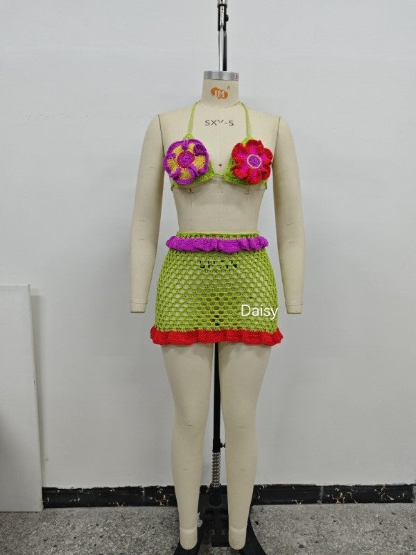 Knitted Bikini Ruffle-Edge Swimsuit Two-Piece Set for Beachwear