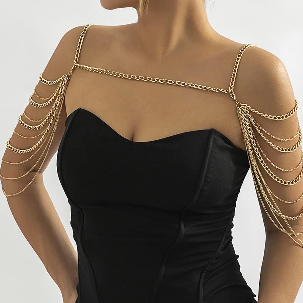 Aethers & Co A13 Bride Women Shiny Statement Tassel Body Chain Jewelry Shawl Silver Gold Dainty Body Jewelry Layered Shoulder Chain Wedding Party Nightclub Body Accessories Jewelry for Women Bride