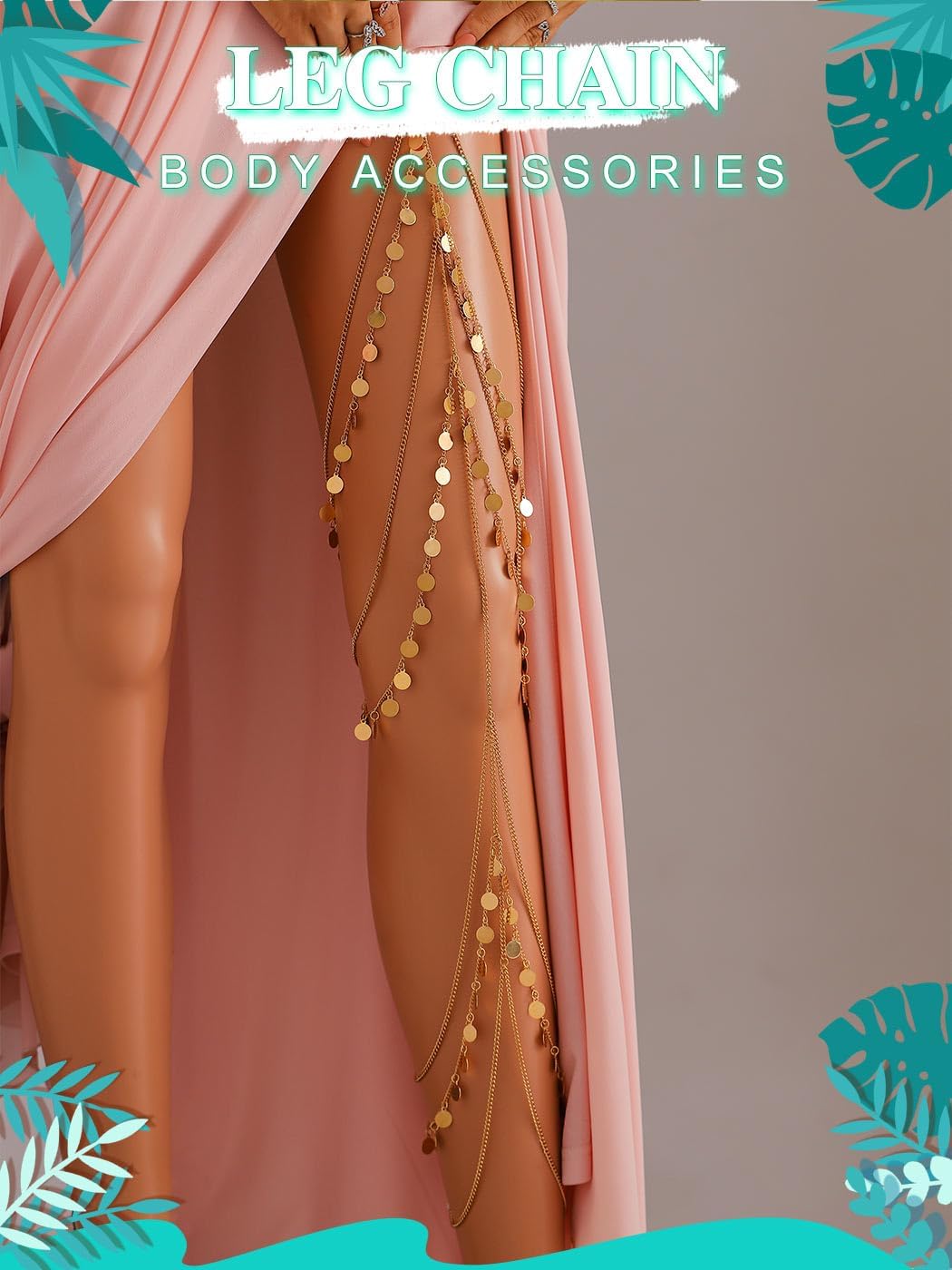 Aethers & Co A14 Nicute Boho Sequin Leg Chain Gold Layered Body Chain Tassel Rave Party Thigh Chain Body Accessories for Women and Girls