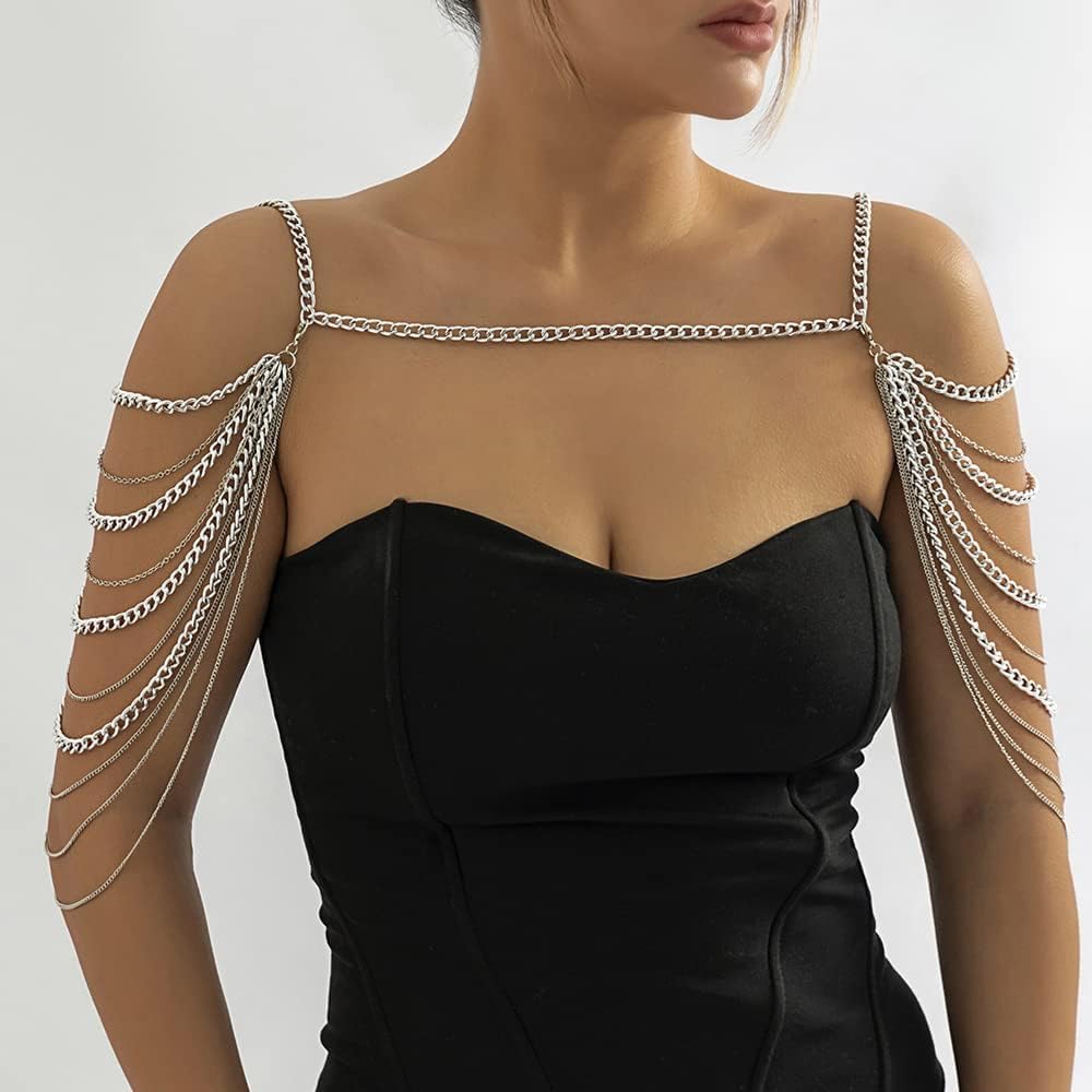 Aethers & Co A13 Bride Women Shiny Statement Tassel Body Chain Jewelry Shawl Silver Gold Dainty Body Jewelry Layered Shoulder Chain Wedding Party Nightclub Body Accessories Jewelry for Women Bride