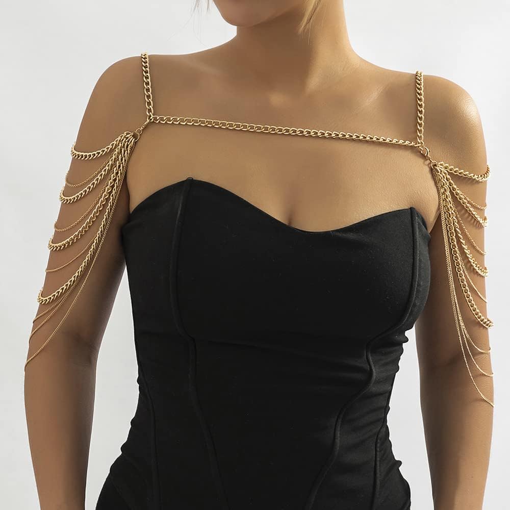 Aethers & Co A13 Bride Women Shiny Statement Tassel Body Chain Jewelry Shawl Silver Gold Dainty Body Jewelry Layered Shoulder Chain Wedding Party Nightclub Body Accessories Jewelry for Women Bride