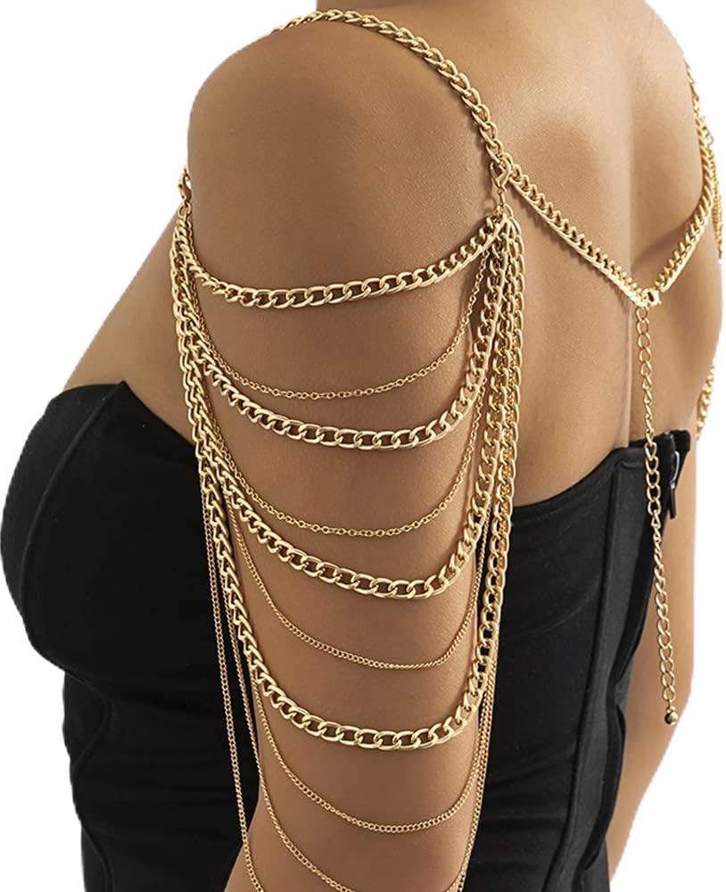 Aethers & Co A13 Bride Women Shiny Statement Tassel Body Chain Jewelry Shawl Silver Gold Dainty Body Jewelry Layered Shoulder Chain Wedding Party Nightclub Body Accessories Jewelry for Women Bride