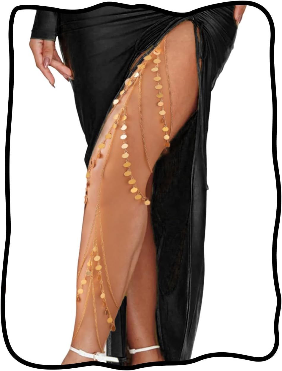 Aethers & Co A14 Nicute Boho Sequin Leg Chain Gold Layered Body Chain Tassel Rave Party Thigh Chain Body Accessories for Women and Girls