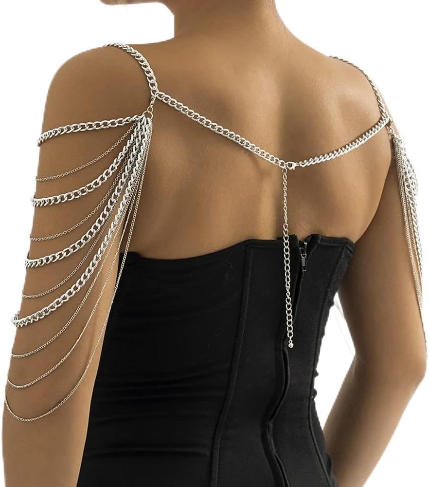 Aethers & Co A13 Bride Women Shiny Statement Tassel Body Chain Jewelry Shawl Silver Gold Dainty Body Jewelry Layered Shoulder Chain Wedding Party Nightclub Body Accessories Jewelry for Women Bride