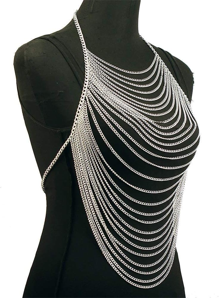 Aethers & Co A4 Full Body Chain Jewelry for Women Sexy Costume Multilay Silver Metal Chain Harness