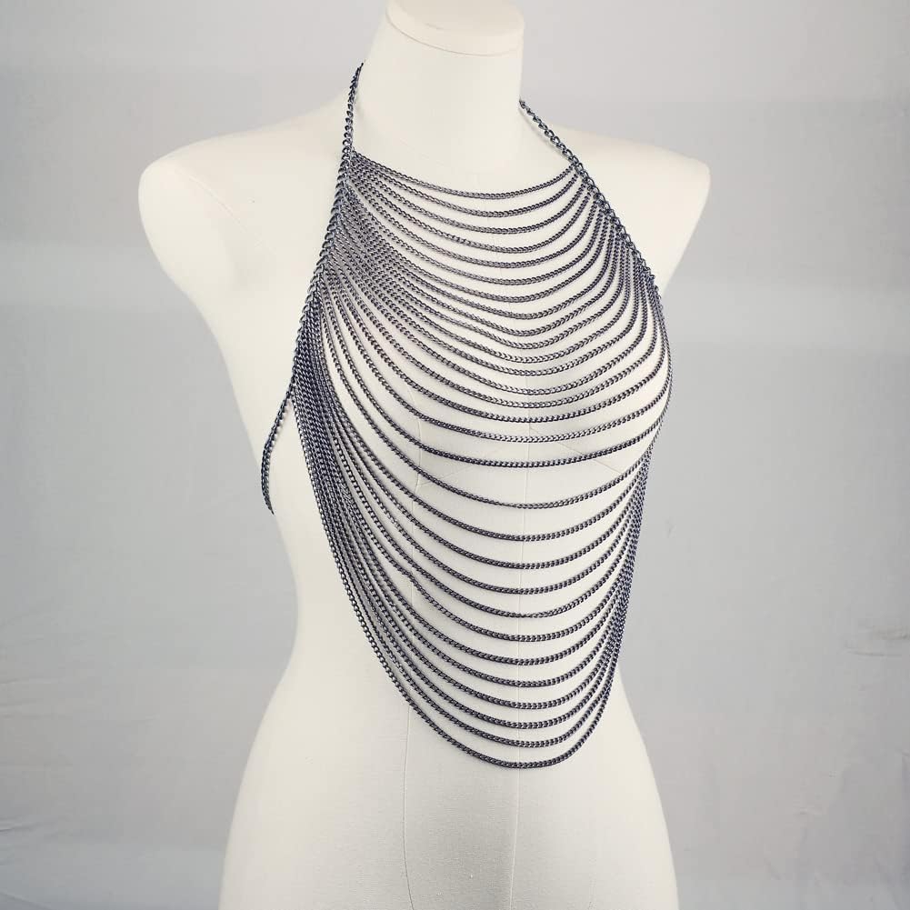 Aethers & Co A4 Full Body Chain Jewelry for Women Sexy Costume Multilay Silver Metal Chain Harness