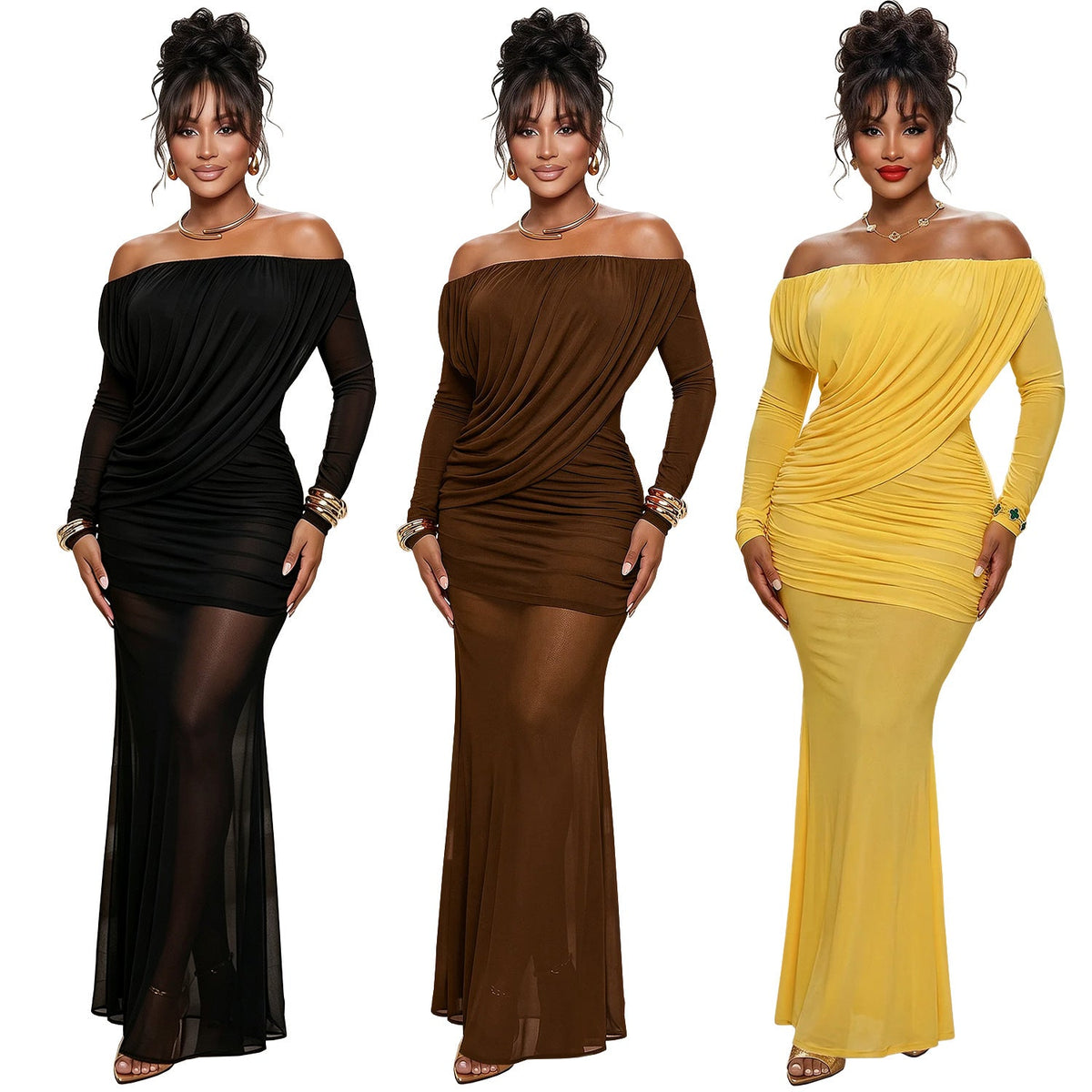Mesh Off-Shoulder Ruched Long Sleeve Bodycon Dress for Formal Parties