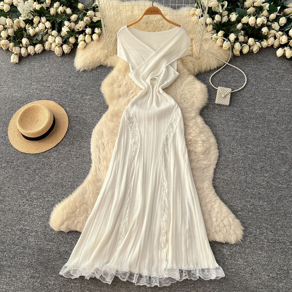 Knitted Lace Patchwork Off-Shoulder Sleeveless Maxi Dress for Summer
