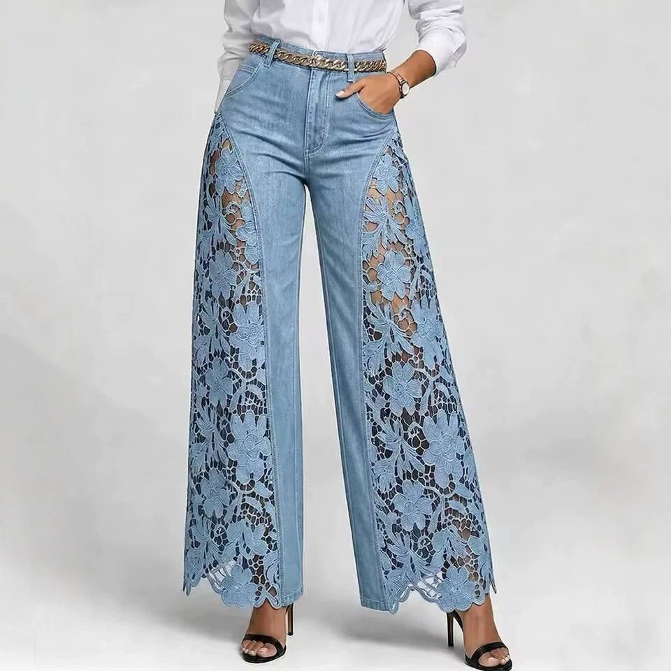 Patchwork Hollow-Out Floral Lace See-Through Bell Bottom Pants for Clubwear
