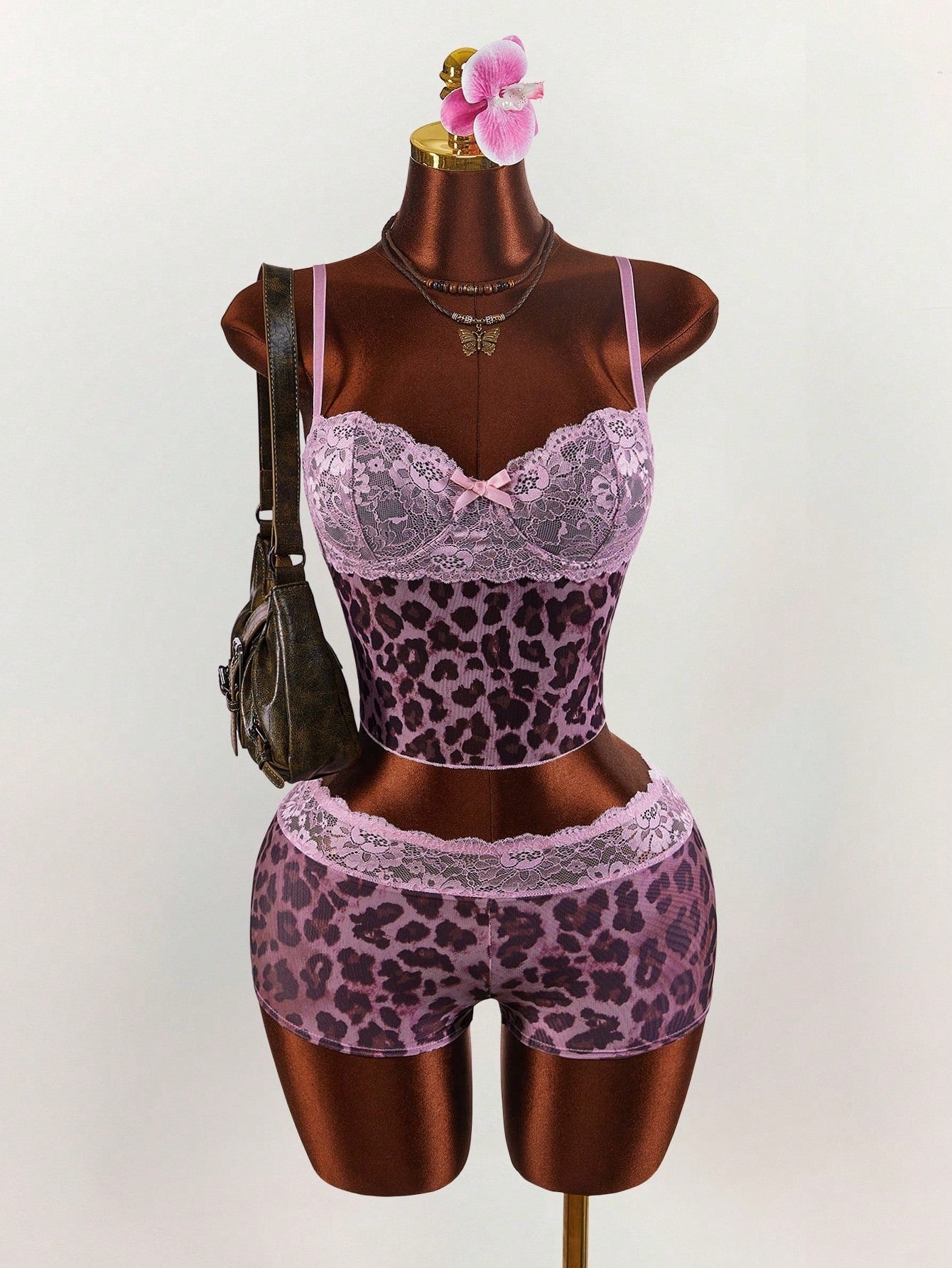Leopard Print Lace Patchwork Camisole & Shorts Set for Sleepwear