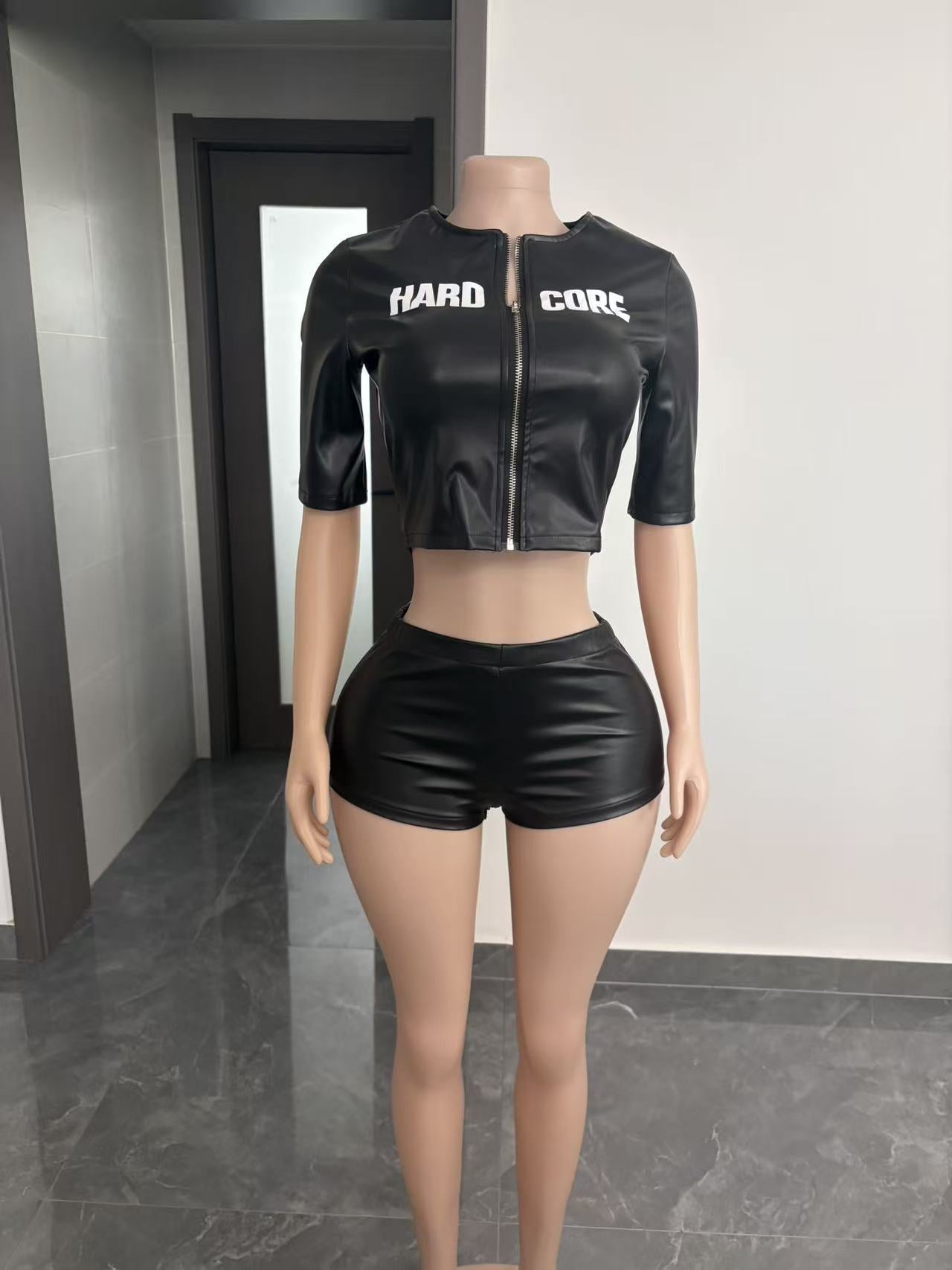 PU Leather Letter Print Zipper Top & Shorts Two-Piece Set for Casual Wear