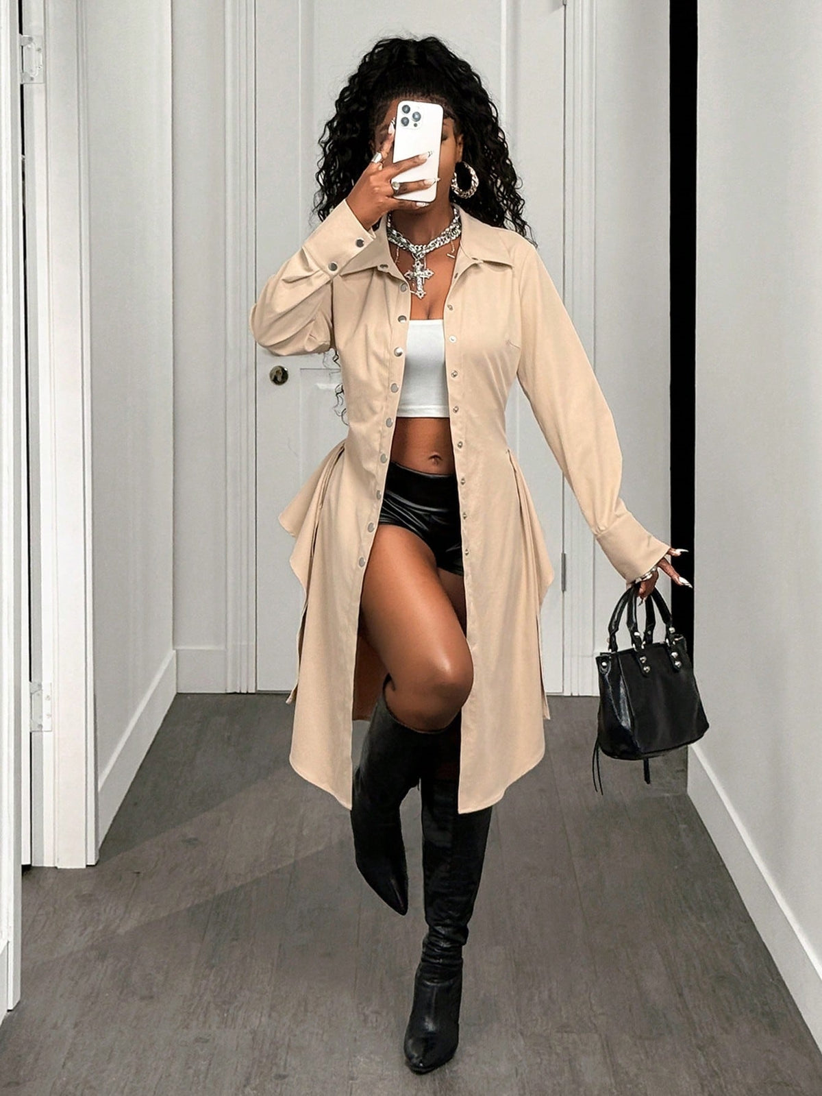 Turndown Collar Lace-Up Long Sleeve Shirt Dress for Autumn