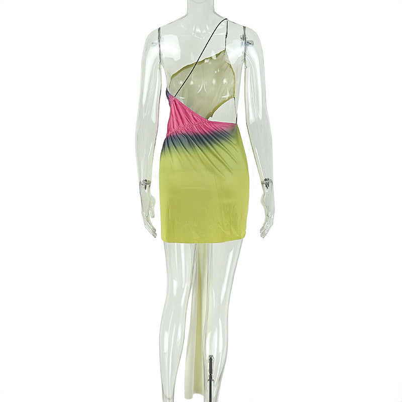 Color Block Backless Irregular Slash Shoulder Strapless Mini Dress for Clubwear