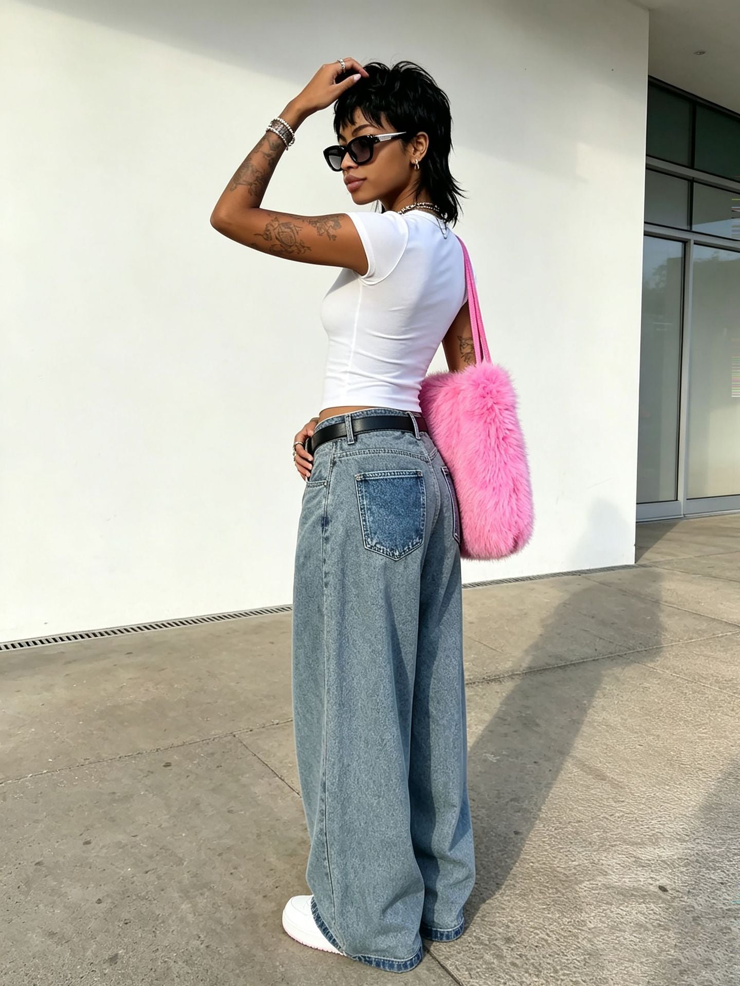 Letter Embroidered Pocket Washed Denim Pants for Streetwear