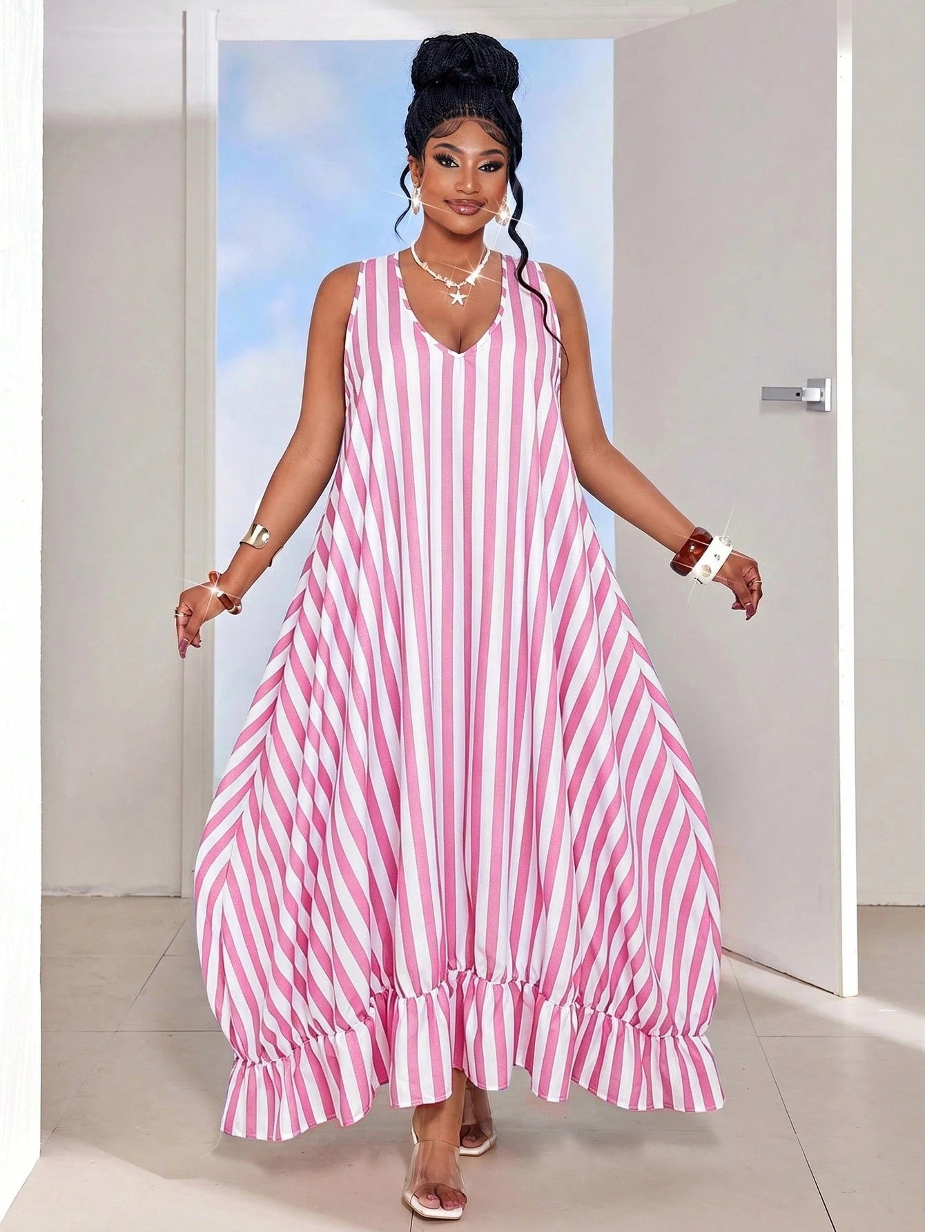 Striped Ruffle Edge Sleeveless Maxi Dress for Summer Beach Holidays