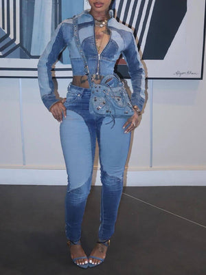 Contrast Denim Jacket & Pants Set