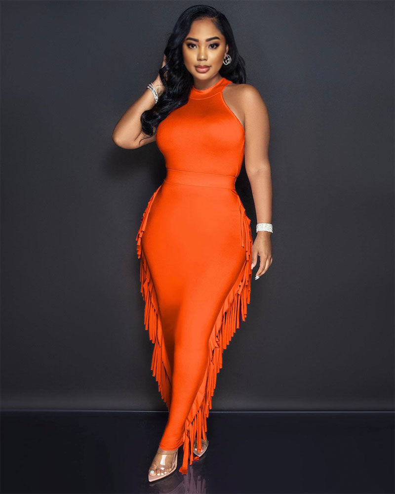 Fonda Fringe SKIRT SET Orange