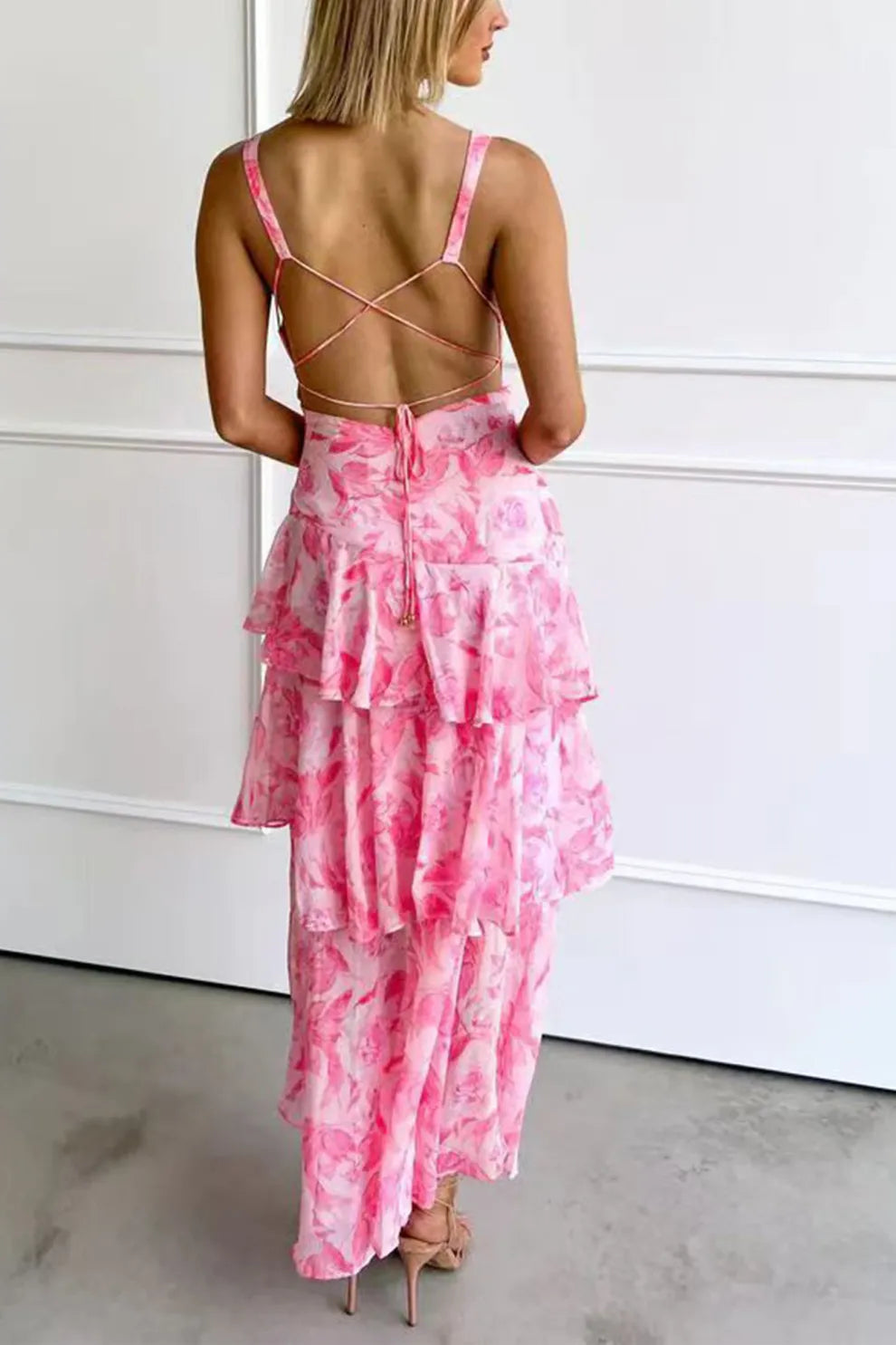 Floral Print Tie up Back Chiffon Tiered Dress