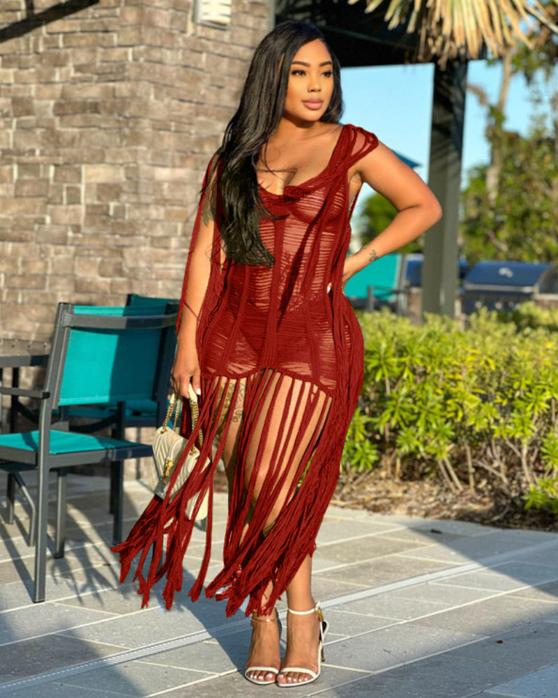 SHREDDED MINI DRESS DARKRED