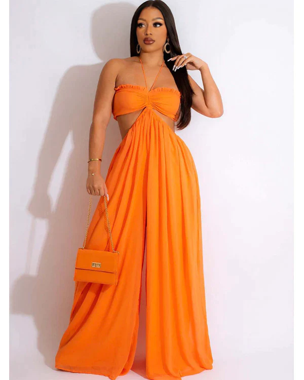SMOCKED HALTER TOP WIDE LEG JUMPSUIT ORANGE