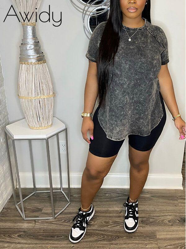 Printed Slit Tee & Biker Shorts Set--Clearance