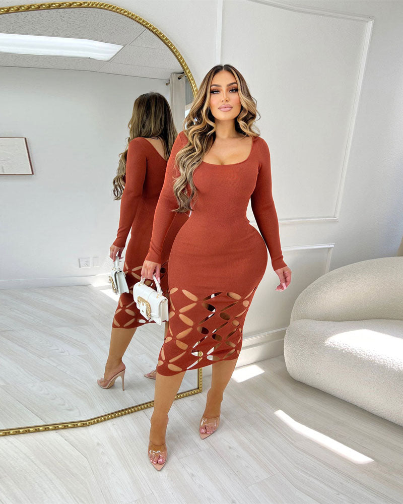 Hollow Out Bodycon Dress BROWN