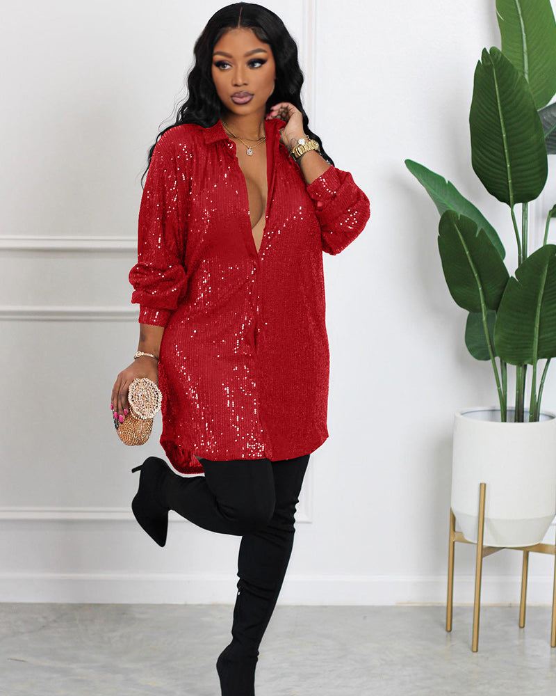 Night Queen Sequin Shirt Dress Red