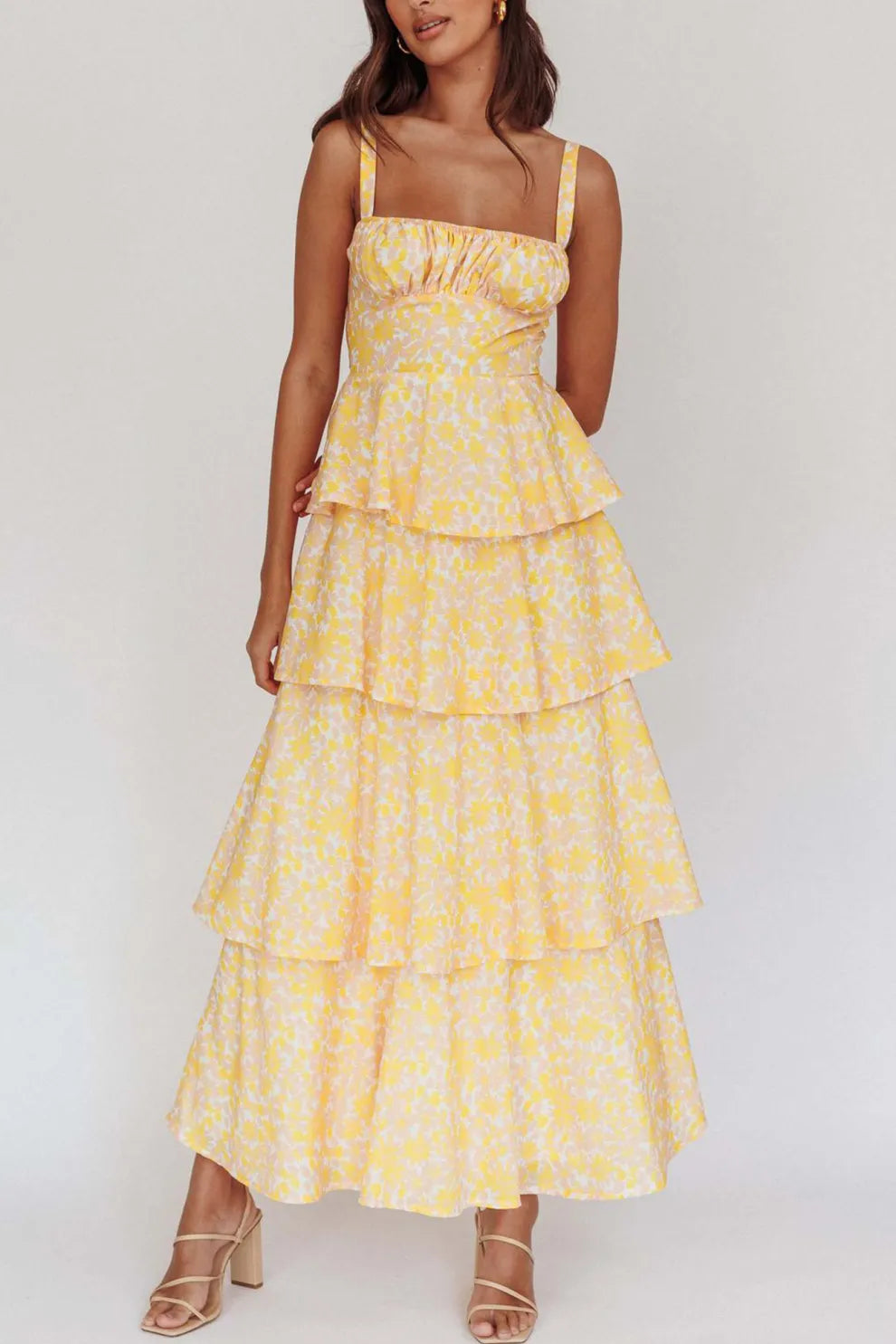 Floral Print Tie up Tiered Midi Dress