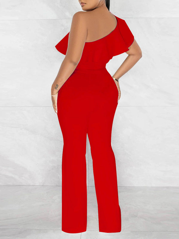 One-Shoulder-Jumpsuit mit Rüschen und Bindeband