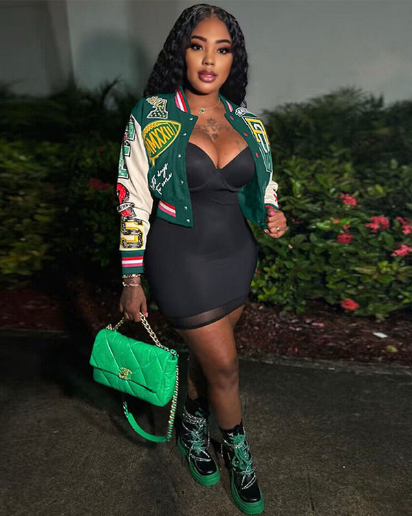 Faux Wool Cropped Varsity Jacket Green