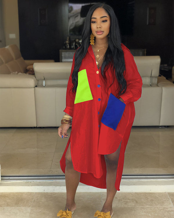 Colorblock Oversized Shirt Dress M RED