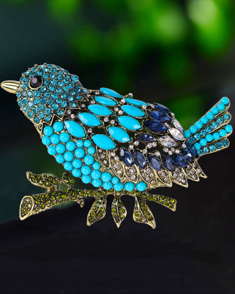 Rhinestone bird brooch Blue