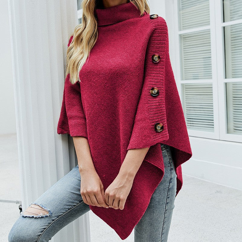 Solid-Color High-Neck Knit Sweater Cape Cardigan Shawl Jacket