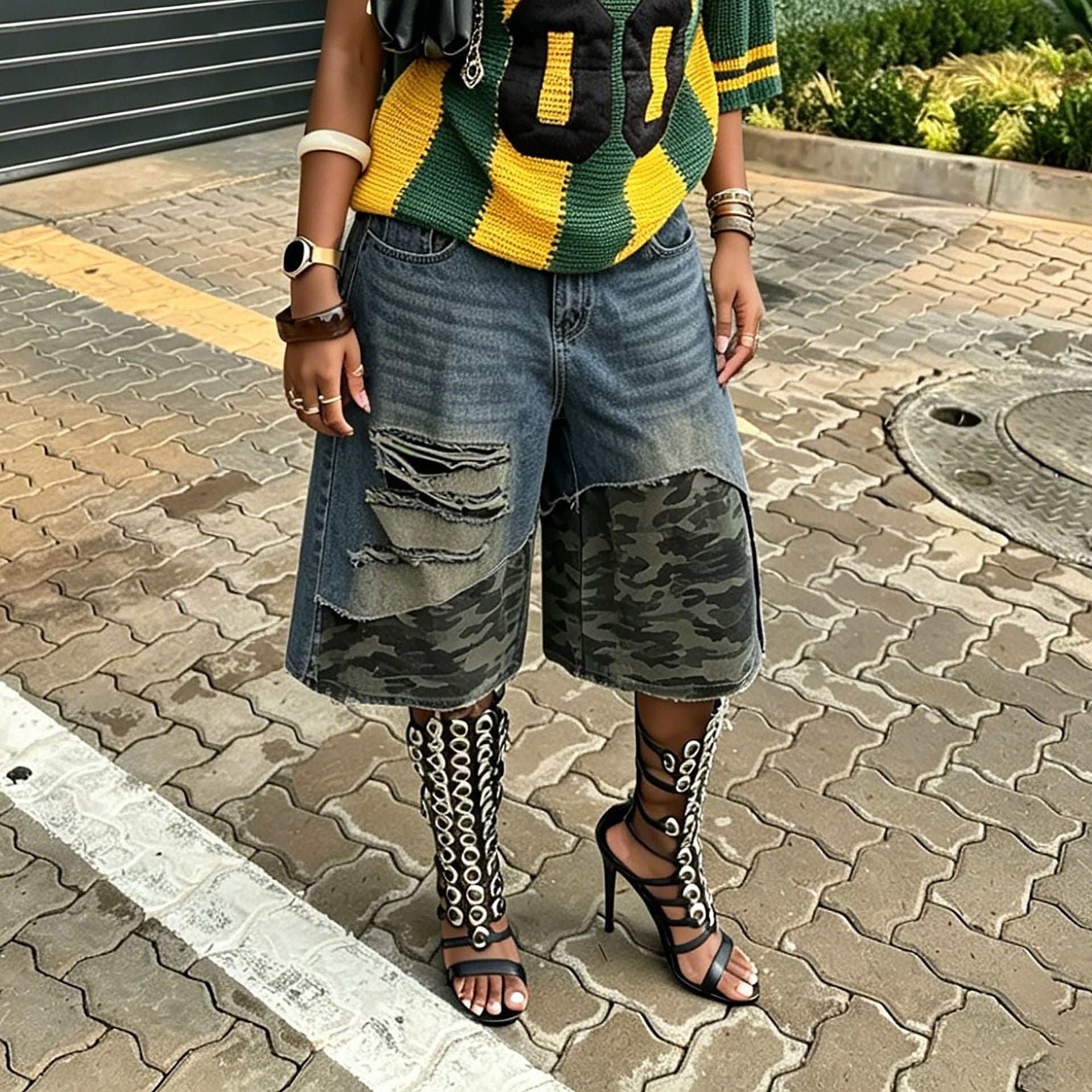 Faux Two-Piece Camouflage Patchwork Ripped Denim Shorts for Streetwear
