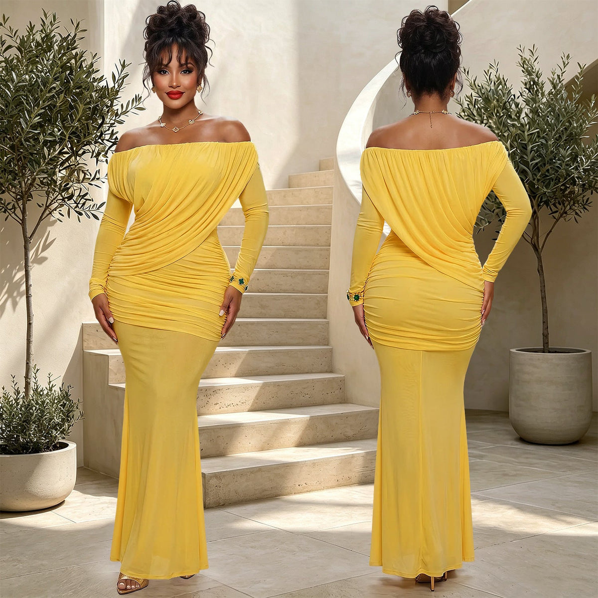 Mesh Off-Shoulder Ruched Long Sleeve Bodycon Dress for Formal Parties
