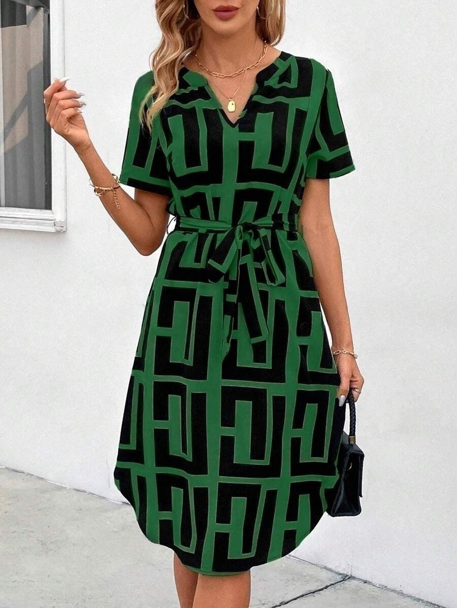 Striped V-Neck Short Sleeve Dress for Summer Casual