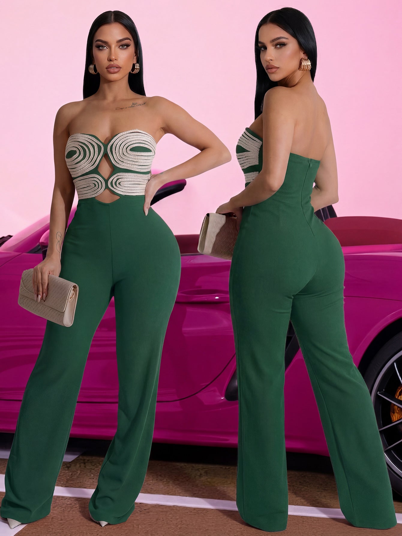 Color Block Webbing Strapless Jumpsuit for Club Wear