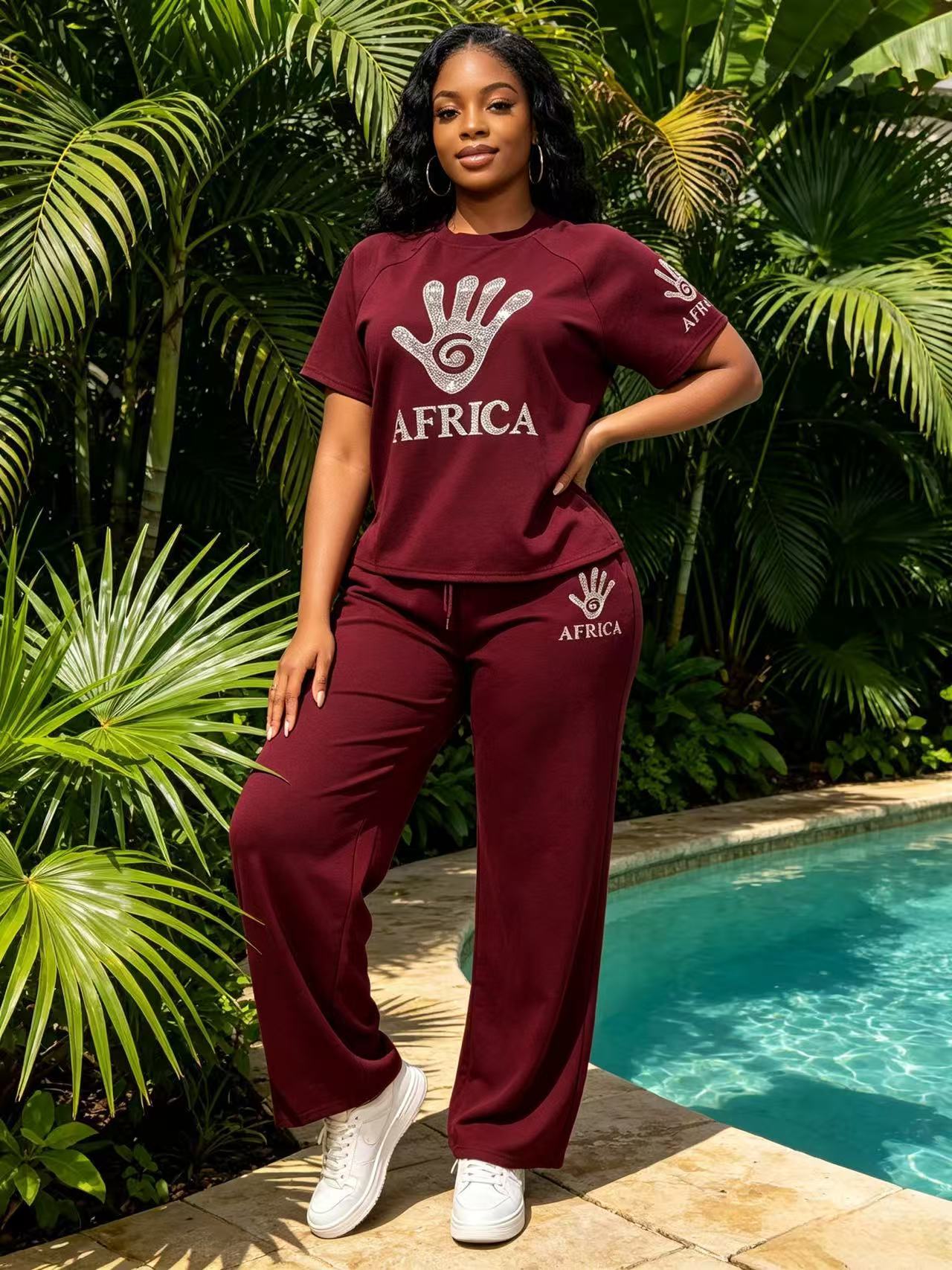 Plus Size African Palm Beaded Short Sleeve Top & Wide-Leg Pants Set