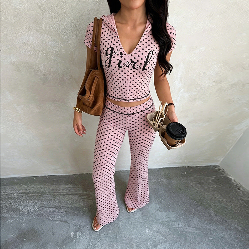 Polka Dot Short-Sleeve Zip-Up Pants Set for Summer Casual