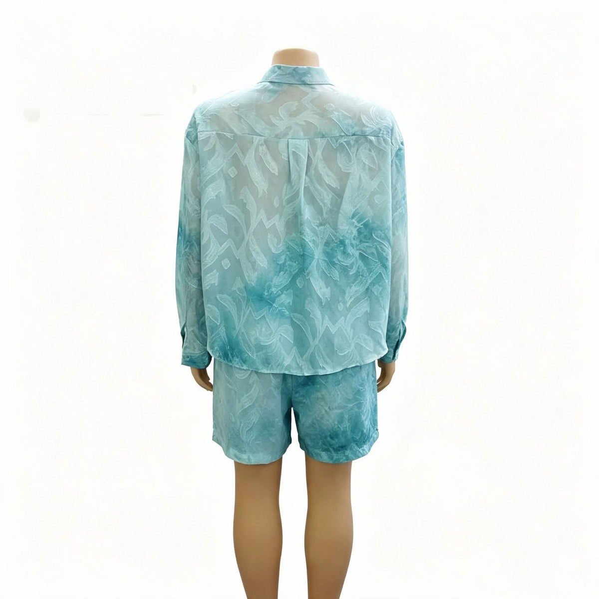 Plus Size Printed Chiffon Long Sleeve Shirt & Shorts Two-Piece Set for Summer