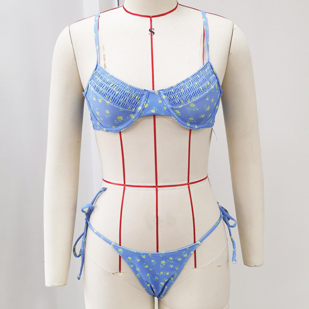 Printed Strapless Lace-Up Two-Piece Bikini Swimsuit Set