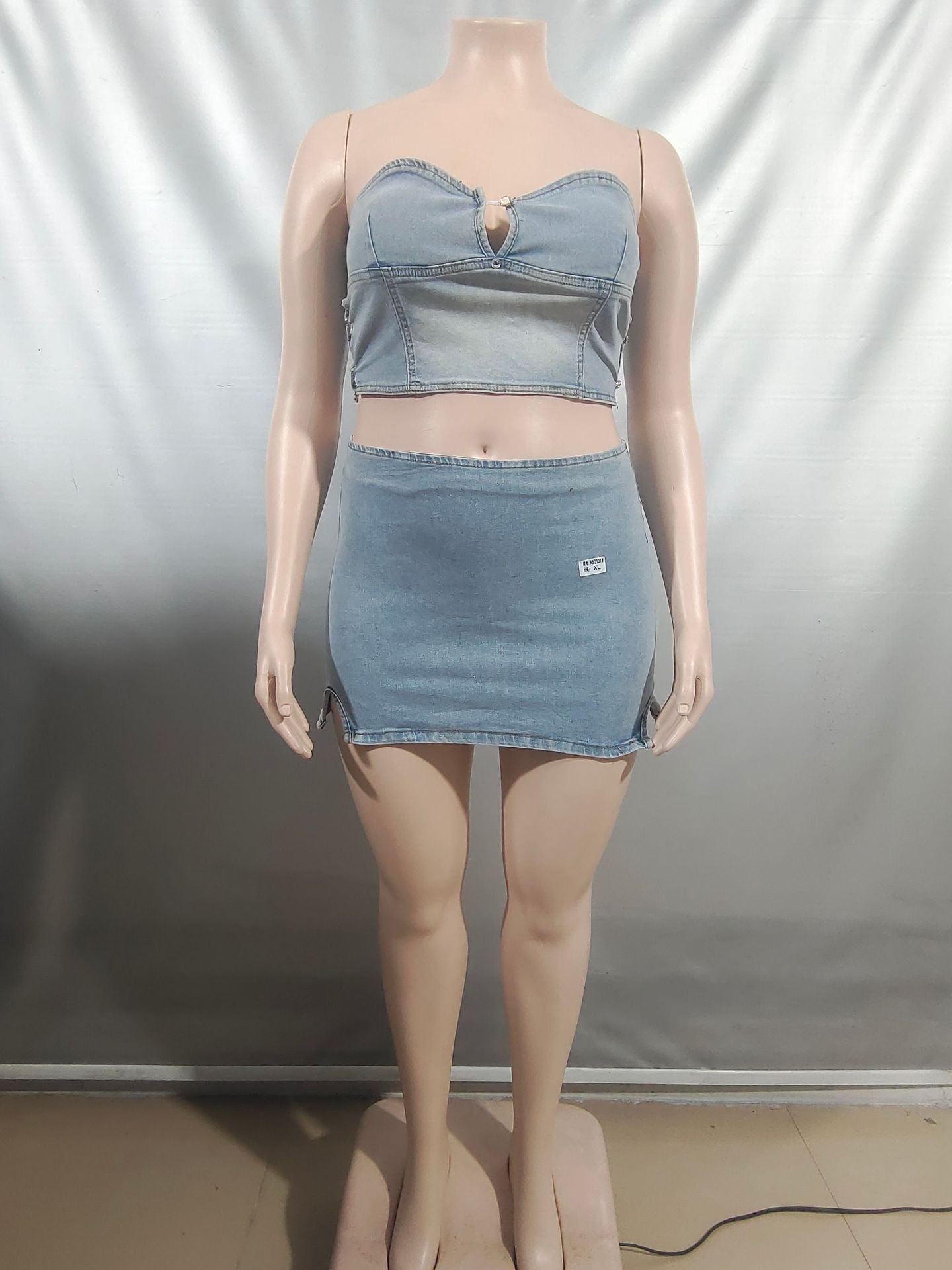 Strapless Denim Top & Slit Mini Skirt Set for Clubwear