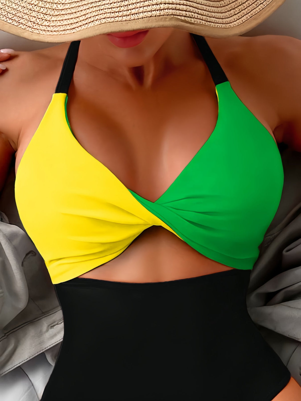 Color Block High Waist Solid One-Piece Swimsuit for Beachwear