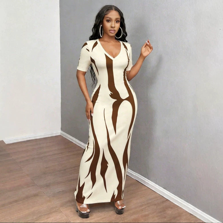 Printed V-Neck Ruched Short Sleeve Dress for Casual Wear