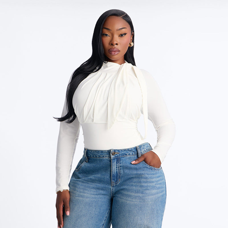 Solid Round Neck Long-Sleeve Lace-Up Romper for Fall & Winter Casual